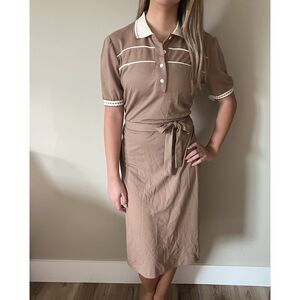 1970s Vintage Womens Lt Brown & Cream Polo Dress w/Collar by Claudia II sz 14